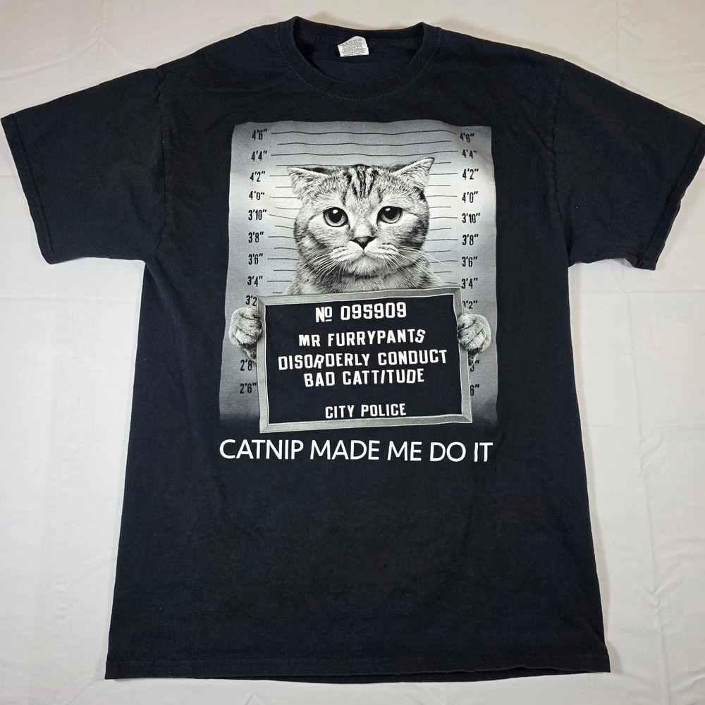 Fruit of the Loom Cat Mugshot Graphic T-Shirt Catnip Made Me Do It Black Medium